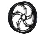 Sleek black and chrome motorcycle wheel designed for Revelry Motorcycles.