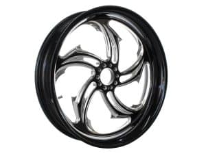 Sleek black and chrome motorcycle wheel designed for Revelry Motorcycles.