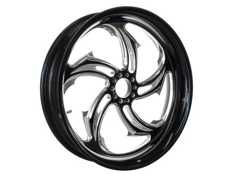 Sleek black and chrome motorcycle wheel designed for Revelry Motorcycles.