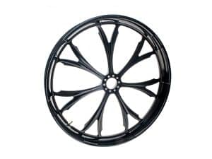 Elegant black motorcycle wheel for Revelry Motorcycles, high-performance bike accessory.
