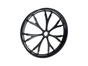 Lightweight black motorcycle wheel with modern spoke design for Revelry Motorcycles.