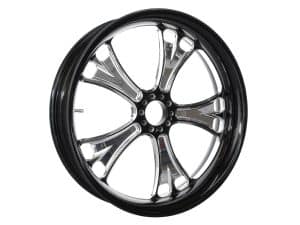 Shiny black and chrome motorcycle wheel with intricate design, perfect for Harley Davidson bikes.