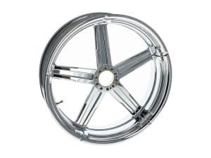 Shiny chrome motorcycle wheel rim for custom bike builds.