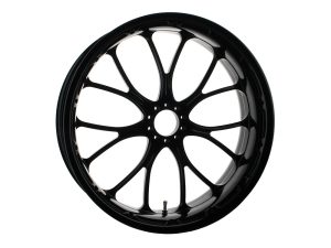 Black motorcycle wheel rim for Revelry Motorcycles, stylish and durable.
