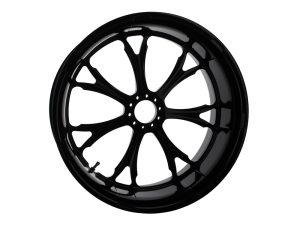 Black alloy motorcycle wheel for Revelry Motorcycles, high performance and stylish design.