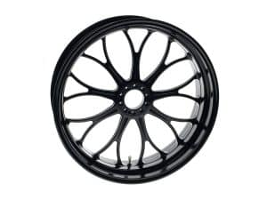 Premium black motorcycle wheel rim for Revelry Motorcycles, high-quality custom bike accessories.