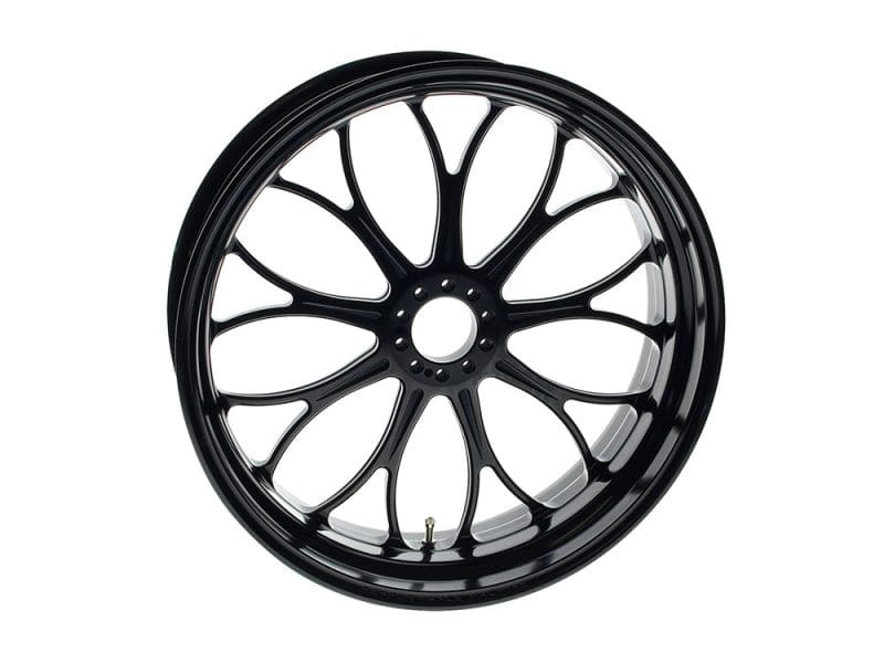 18in. x 5.50in. wide Revolution Wheel - Black Anodised. Premium black motorcycle wheel rim for Revelry Motorcycles, high-quality custom bike accessories.