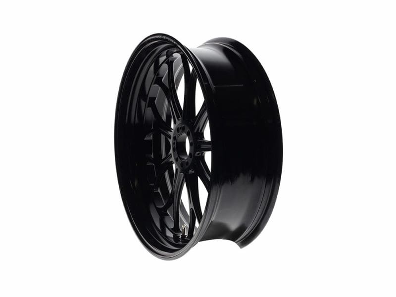 High-performance black motorcycle wheel for Revelry Motorcycles.