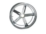 Chrome motorcycle wheel for custom Revelry Motorcycles builds, high-quality alloy design.
