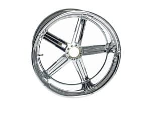 Chrome motorcycle wheel for custom Revelry Motorcycles builds, high-quality alloy design.
