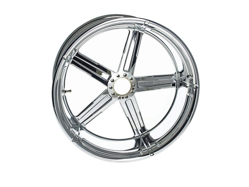 Chrome motorcycle wheel for custom Revelry Motorcycles builds, high-quality alloy design.