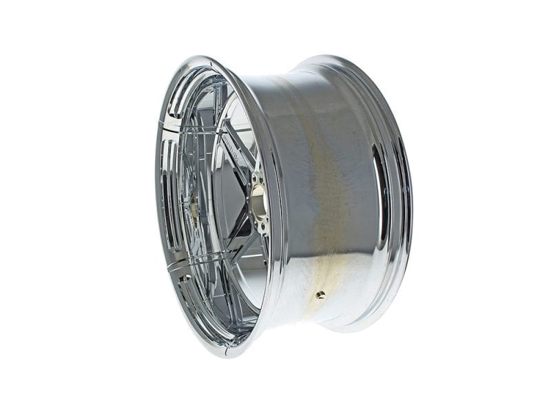 Shiny motorcycle wheel rim for custom motorcycle builds and restorations.