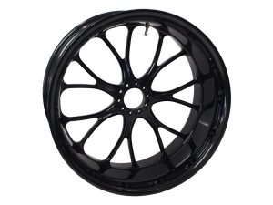 Black motorcycle wheel with a multi-spoke alloy design for Revelry Motorcycles.