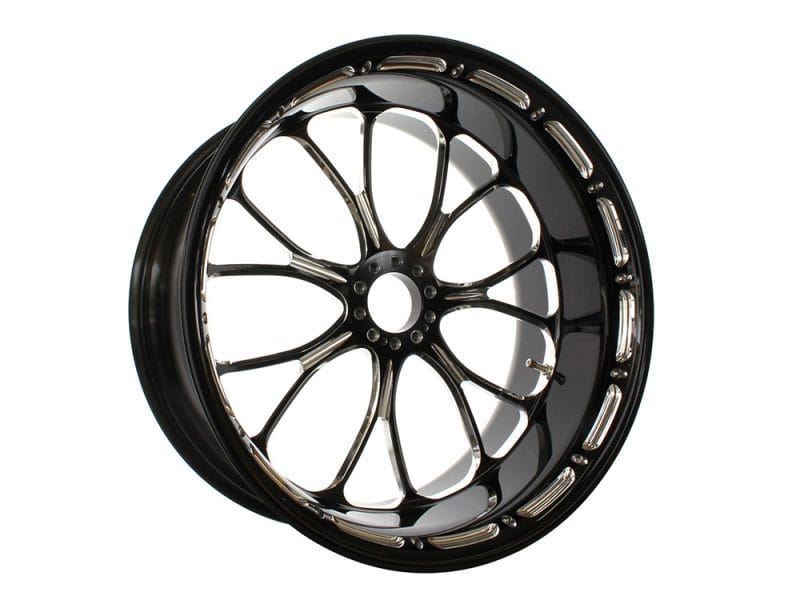 High-performance black motorcycle wheel for sporty Revelry Motorcycles bikes in Australia.