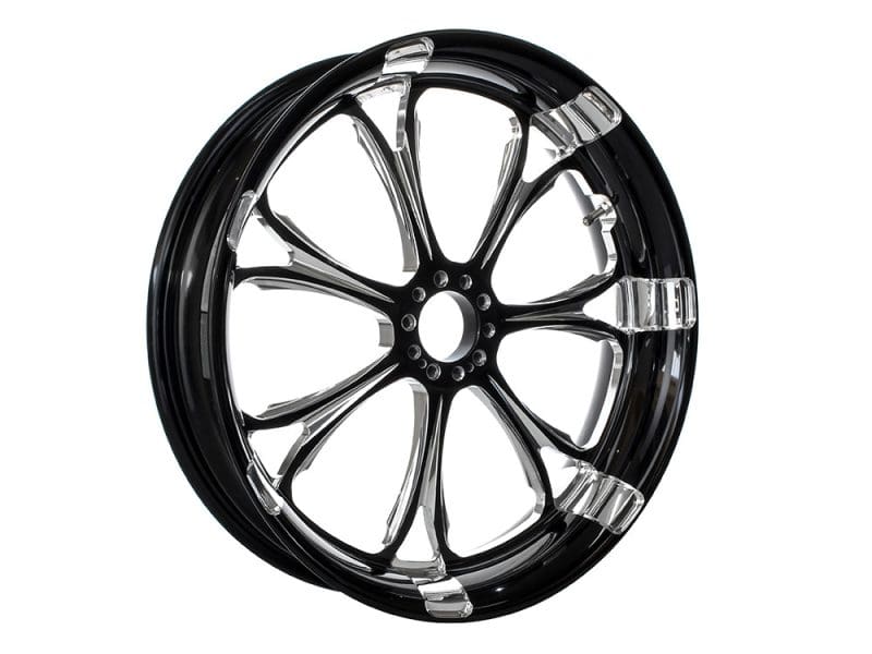 18in. x 8.50in. wide Paramount Wheel - Black Contrast Cut Platinum. Black motorcycle wheel with chrome accents for Revelry Motorcycles.