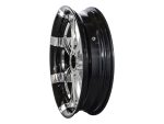 Aluminium motorcycle wheel with black rim and chrome spokes for enhanced style and performance.
