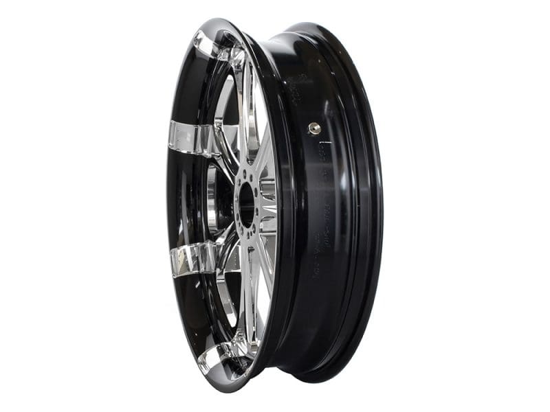 Aluminium motorcycle wheel with black rim and chrome spokes for enhanced style and performance.