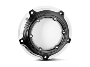 Aluminium motorcycle clutch cover with black and silver finish, designed for durability.