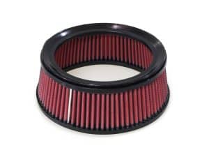 High-performance red air filter for motorcycle engines for Revelry Motorcycles.