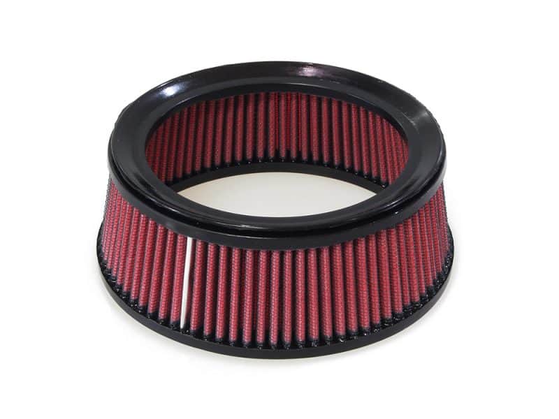 High-performance red air filter for motorcycle engines for Revelry Motorcycles.