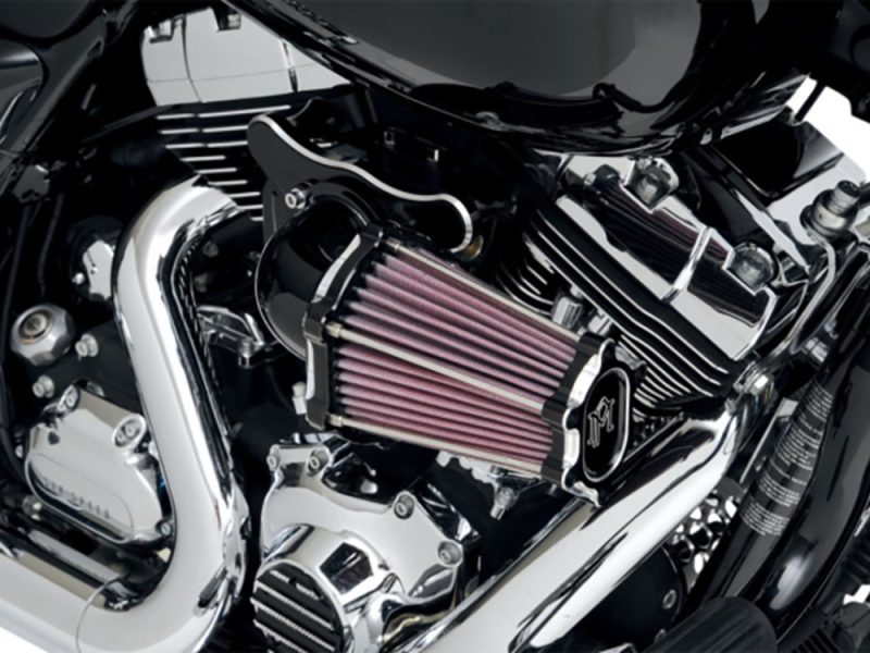 Air intake and engine components of a motorcycle from Revelry Motorcycles collection.