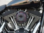 V-twin motorcycle engine with chrome details, ATV air filter, black and chrome finish, close-up shot.