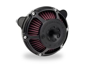 High-performance motorcycle air filter, black with red accents, compatible with Revelry Motorcycles.