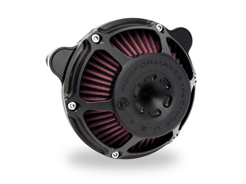 High-performance motorcycle air filter, black with red accents, compatible with Revelry Motorcycles.