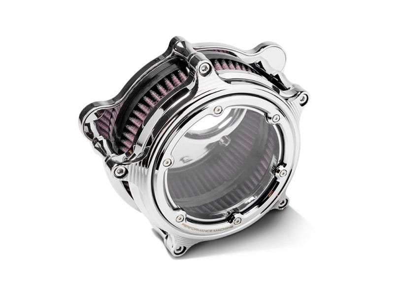 High-performance motorcycle air filter with chrome finish for Revelry Motorcycles.