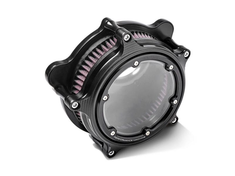 High-performance motorcycle air filter with black housing and pink filtration element for Revelry Motorcycles.