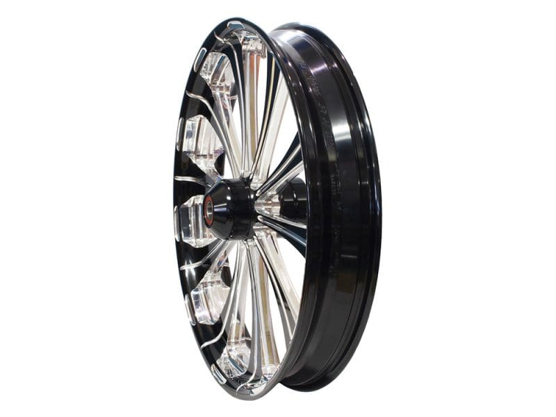 Shiny black and clear motorcycle wheel with alloy spokes for Revelry Motorcycles.