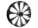 High-performance motorcycle wheel for Revelry Motorcycles, sleek black and chrome finish.