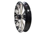 High-performance motorcycle wheel with polished black and clear spokes for Revelry Motorcycles.