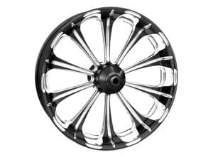 Shiny black and chrome motorcycle wheel for Revelry Motorcycles.