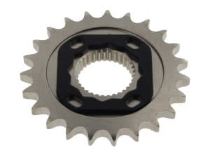 Sprocket gear for motorcycle transmission with black centre and metal teeth.