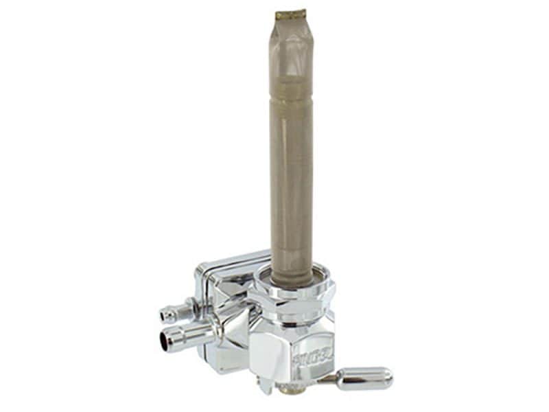 High-performance motorcycle fuel valve with chrome finish for Revelry Motorcycles.