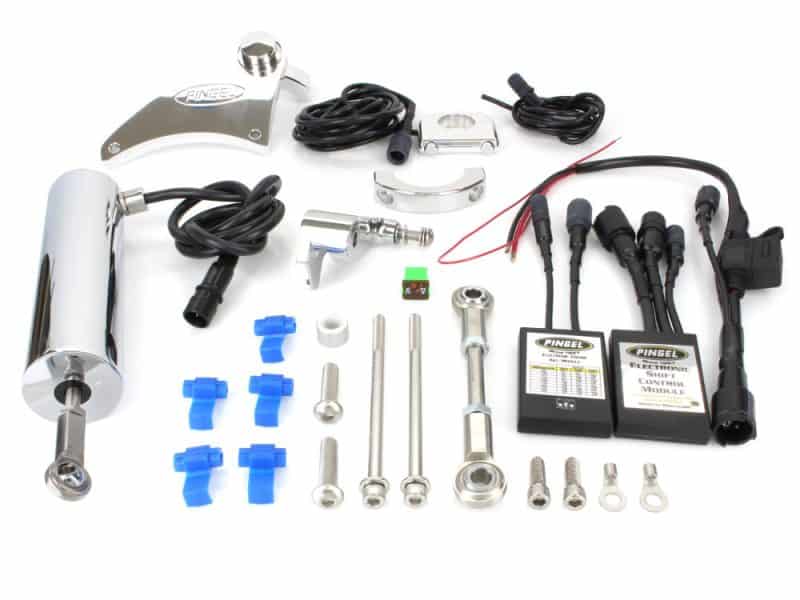 Electric Shifter Kit. Fits Dyna 2006-2017 with Mid Controls. High-quality motorcycle electronic shift control kit with wiring and mounts for Revelry Motorcycles.