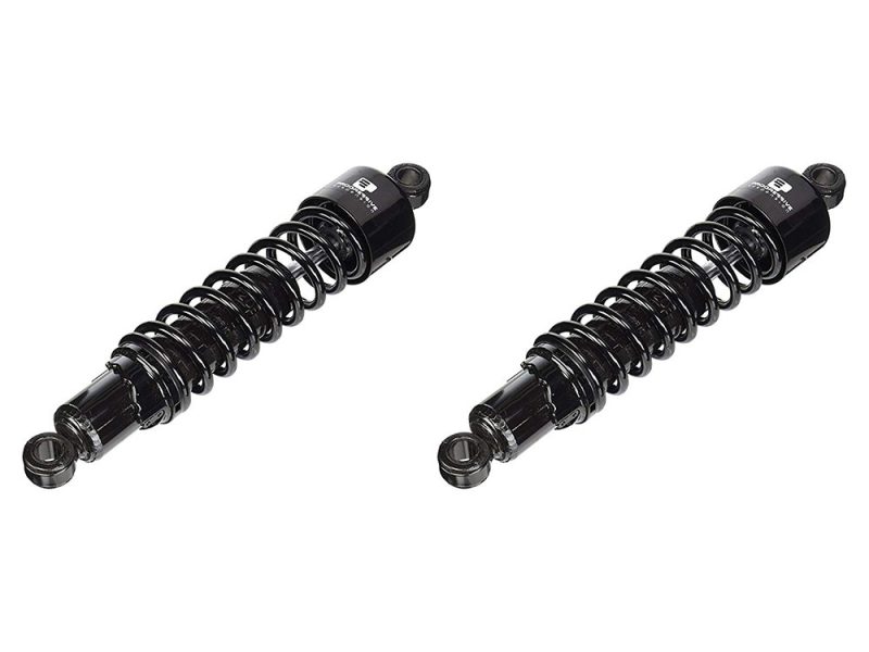 Black motorcycle shock absorbers for Revelry Motorcycles custom builds.