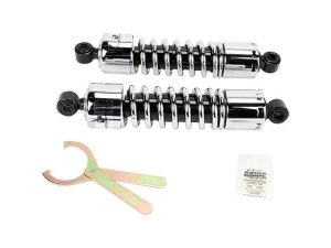 High-performance motorcycle shock absorbers with mounting tools for custom bikes.