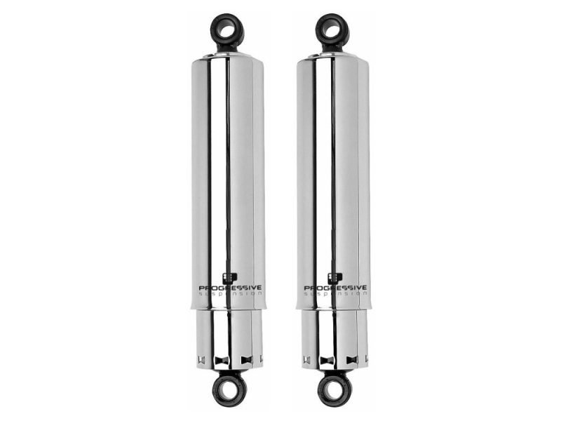 Heavy-duty motorcycle shock absorbers in chrome finish for Revelry Motorcycles.