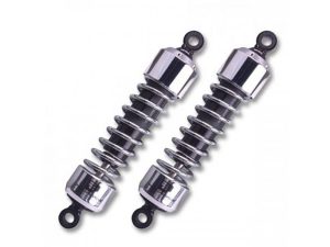 Chrome motorcycle shock absorbers, high-performance suspension for Revelry Motorcycles.