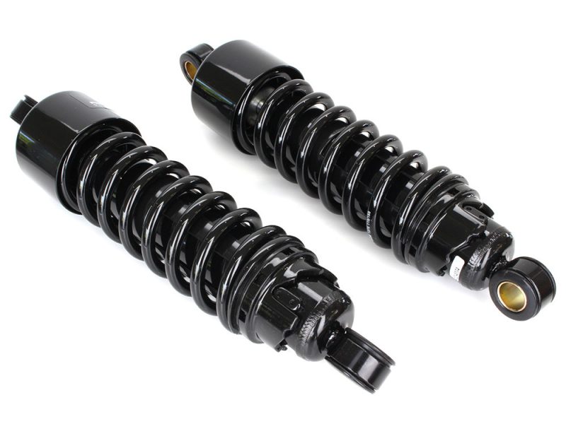 Heavy-duty black motorcycle suspension shocks for Revelry Motorcycles.