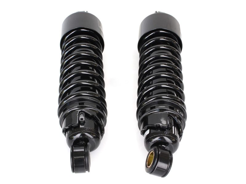 Black motorcycle shock absorbers for Revelry Motorcycles.