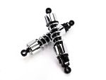 Chrome motorcycle rear shocks for Revelry Motorcycles, Australian bike accessories, motorcycle suspension parts.