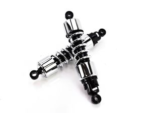 Chrome motorcycle rear shocks for Revelry Motorcycles, Australian bike accessories, motorcycle suspension parts.