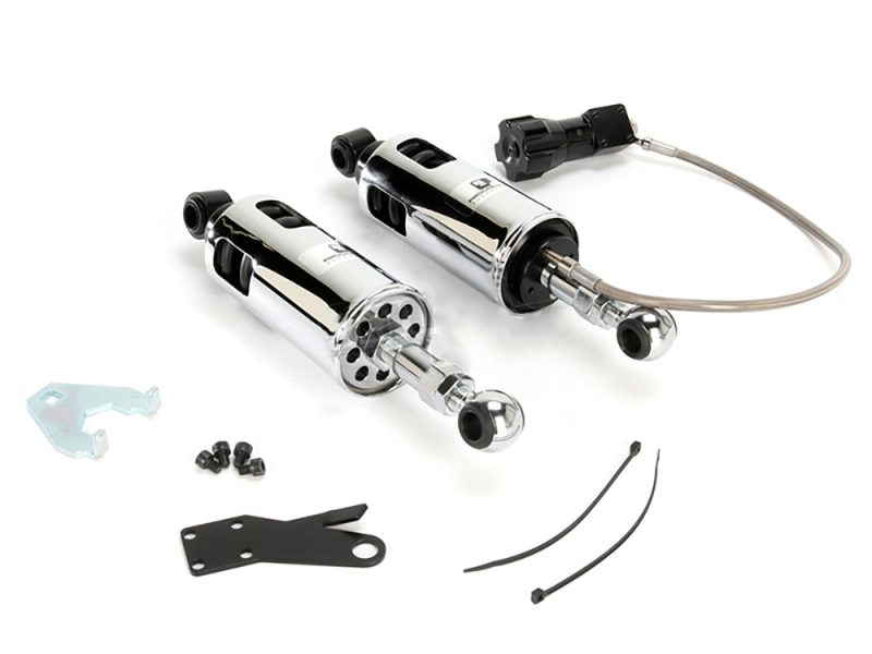 High-performance motorcycle air suspension components for Revelry Motorcycles.