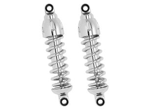 High-quality chrome motorcycle shock absorbers for custom Revelry Motorcycles.