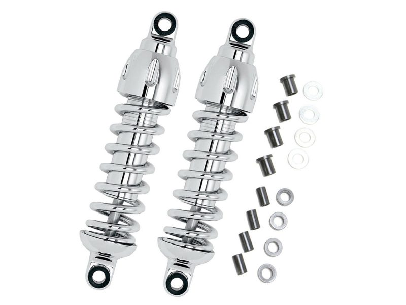 High-quality chrome motorcycle shock absorbers with mounting hardware for Revelry Motorcycles.