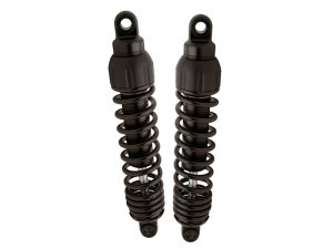 Black motorcycle shock absorbers for enhanced ride comfort and suspension performance.