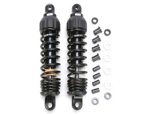 High-performance black motorcycle shock absorbers with mounting hardware for Revelry Motorcycles Australia.